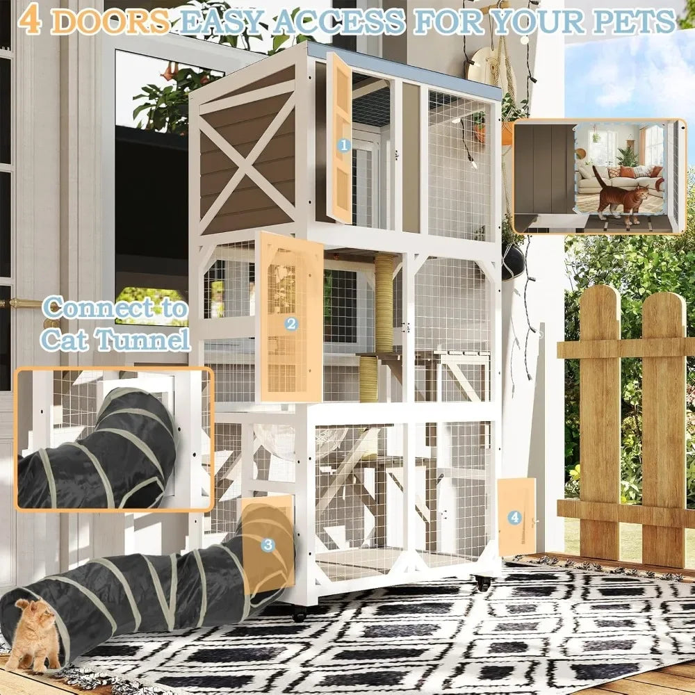 Wooden Catio Outdoor Cat Enclosure With Wheels And Platforms