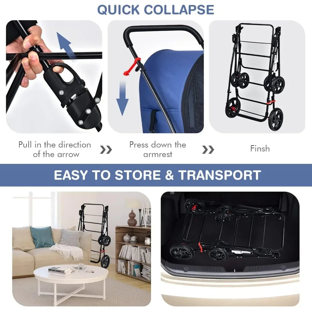 Foldable Double Pet Stroller With Two Removable Carrying Bags