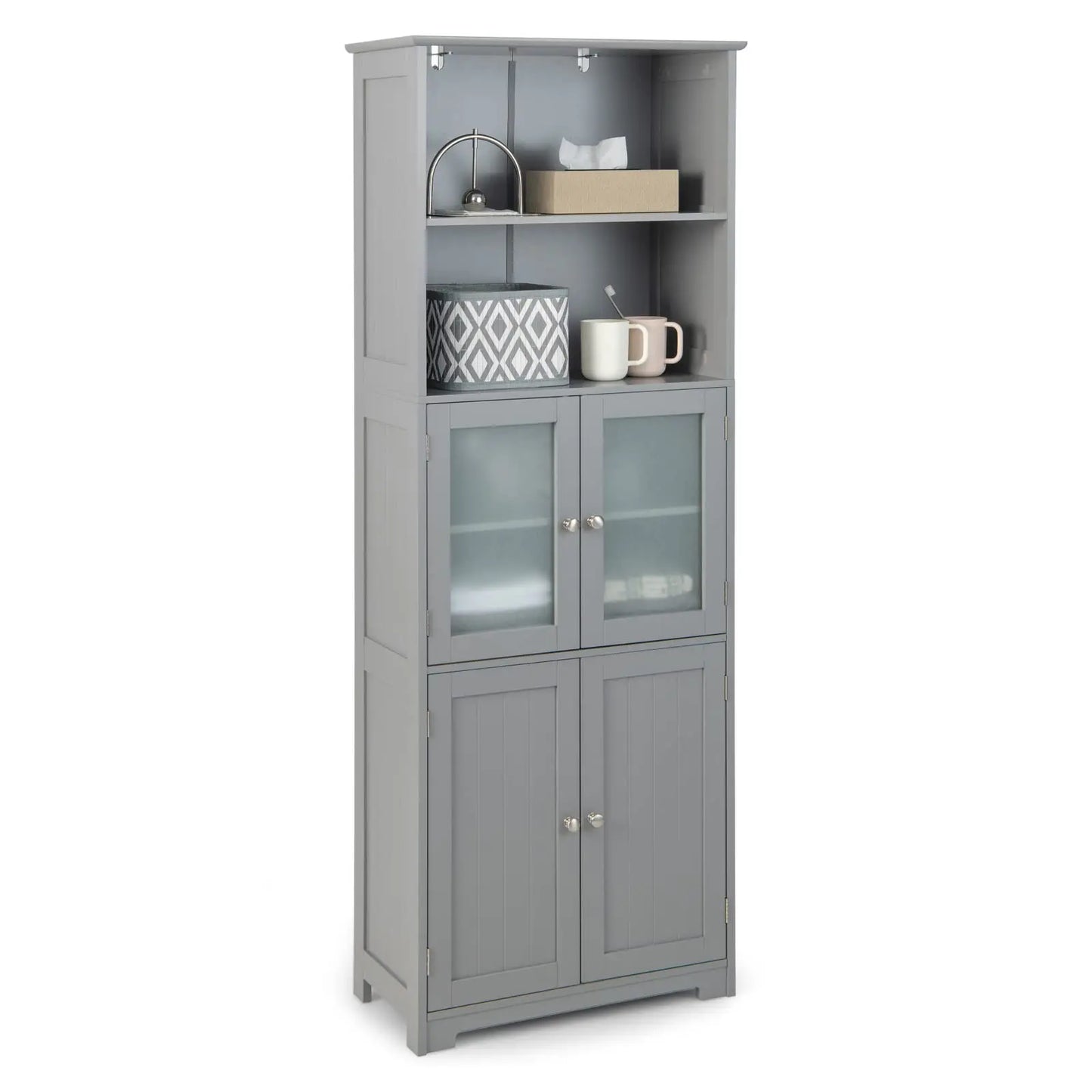 Tall Bathroom Storage Cabinet Freestanding With Glass Doors Shelves