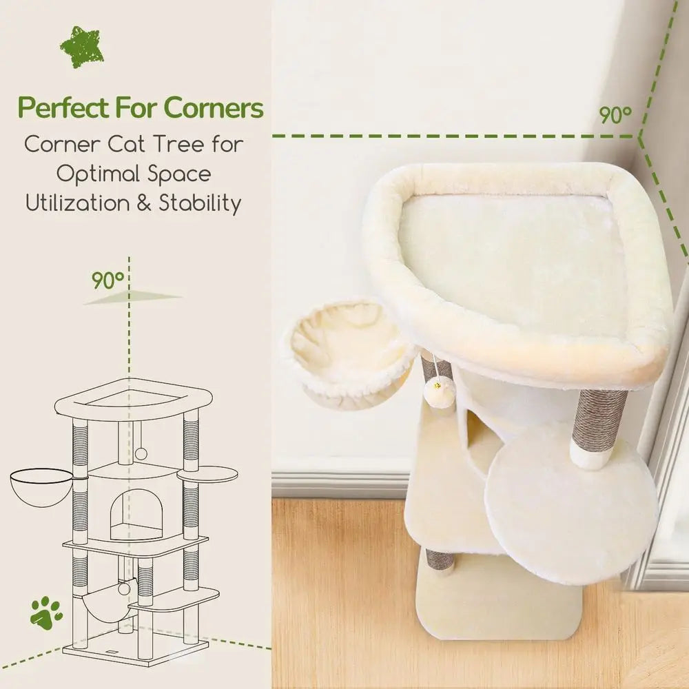 Indoor Cat Tree Curved Tower With Hammock And Sisal Posts