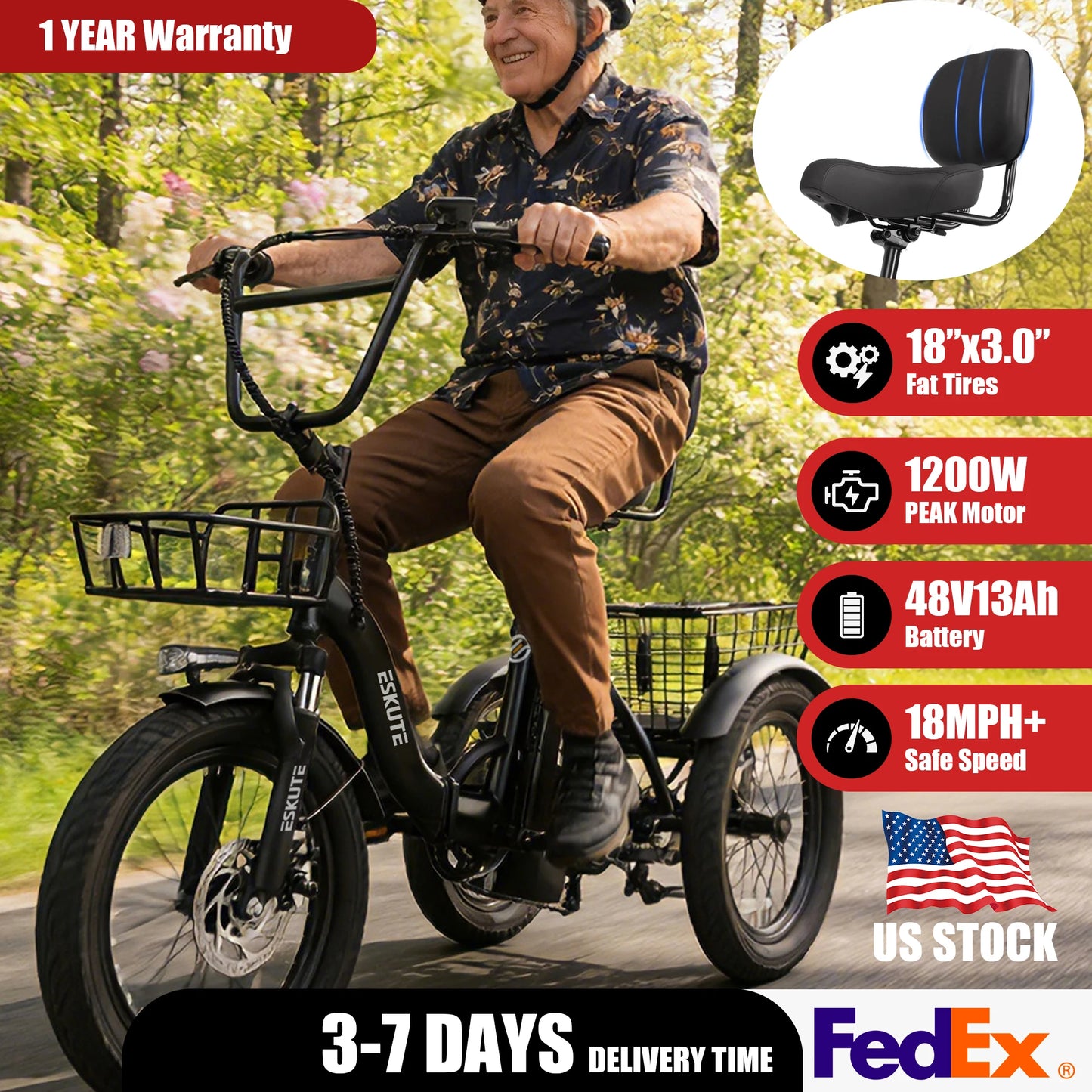 ESKUTE T300 Electric Trike With Foldable Frame And Fat Tires