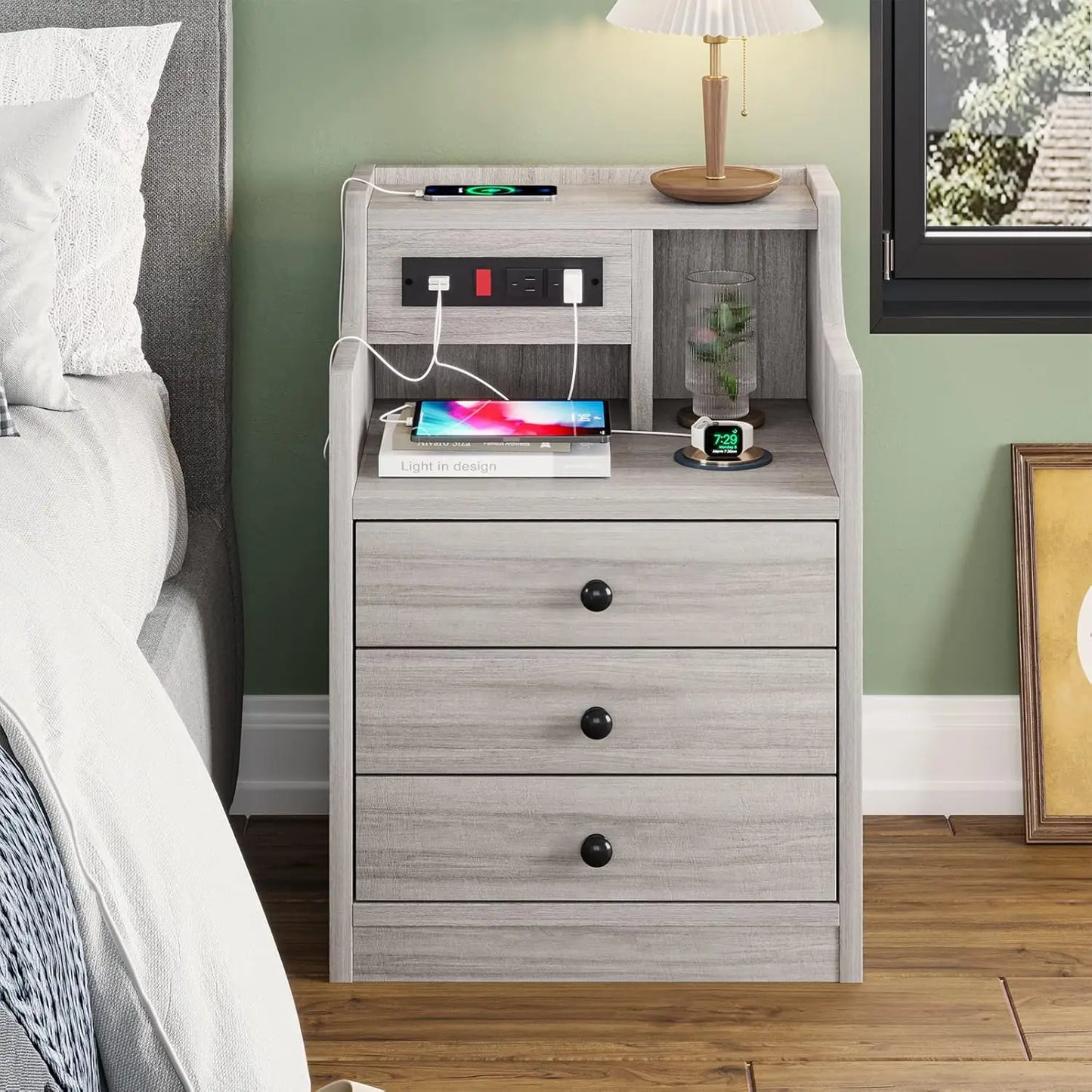 Nightstand With Charging Station And Hutch Storage Drawers