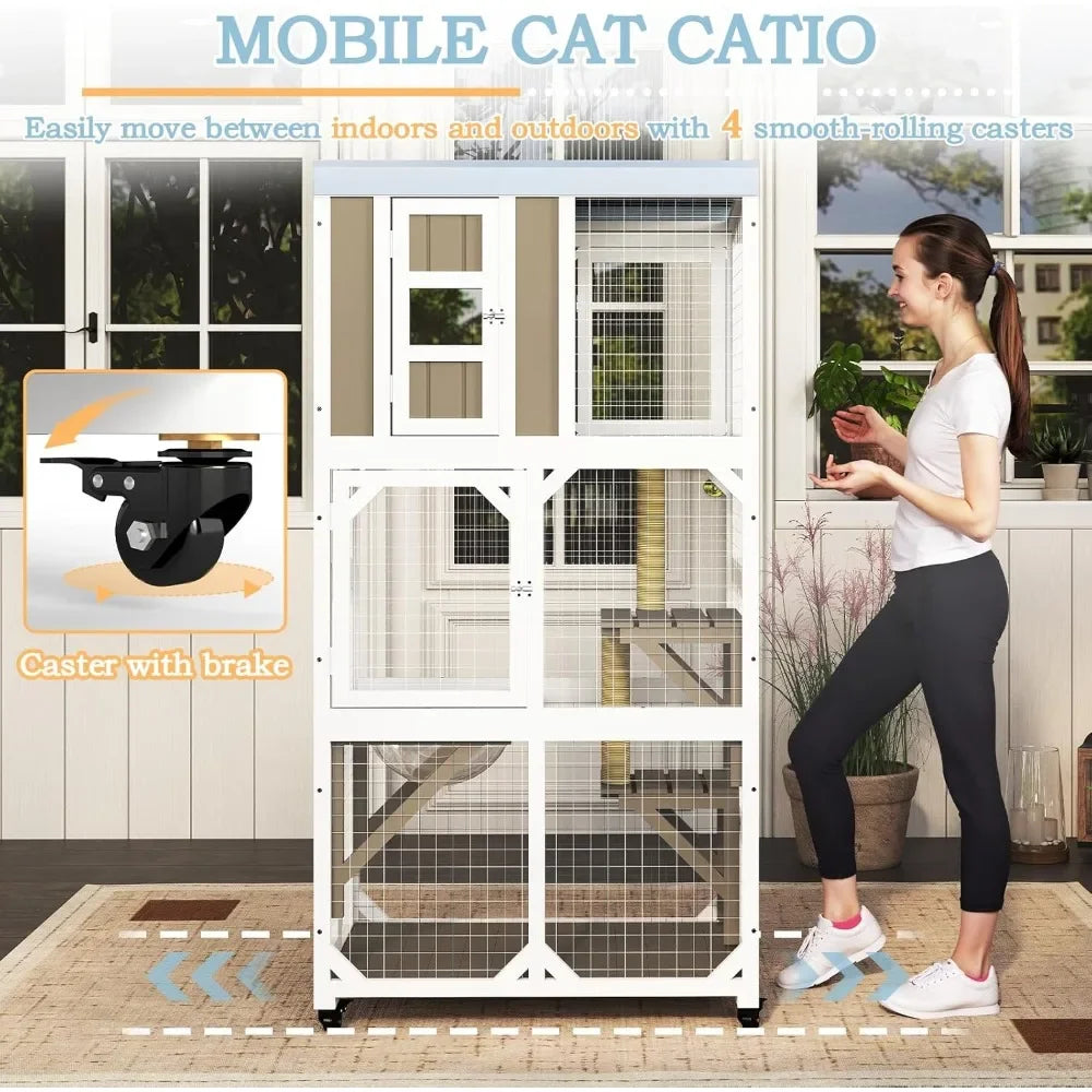 Wooden Catio Outdoor Cat Enclosure With Wheels And Platforms