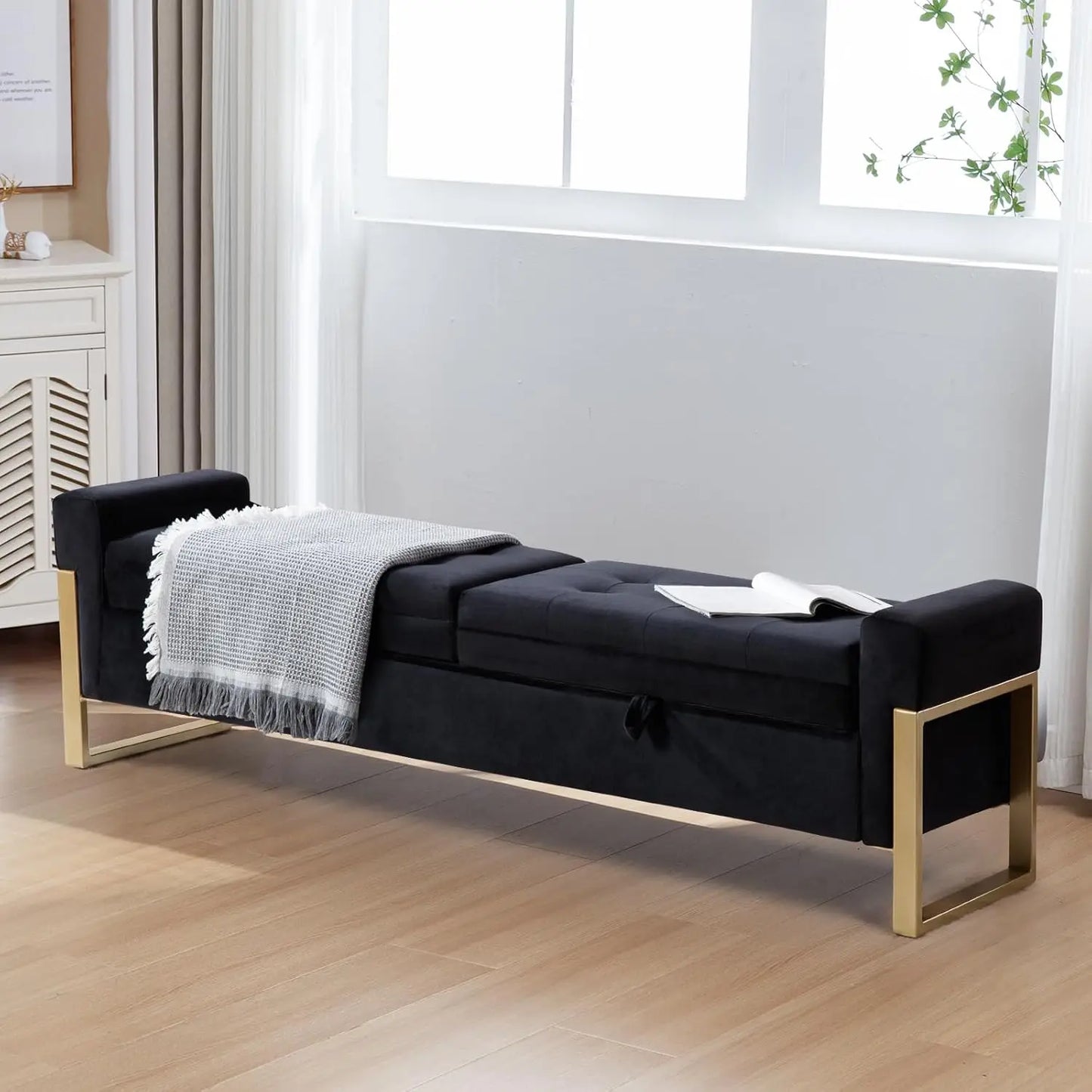 End Of Bed Storage Bench Velvet Upholstery With Metal Legs