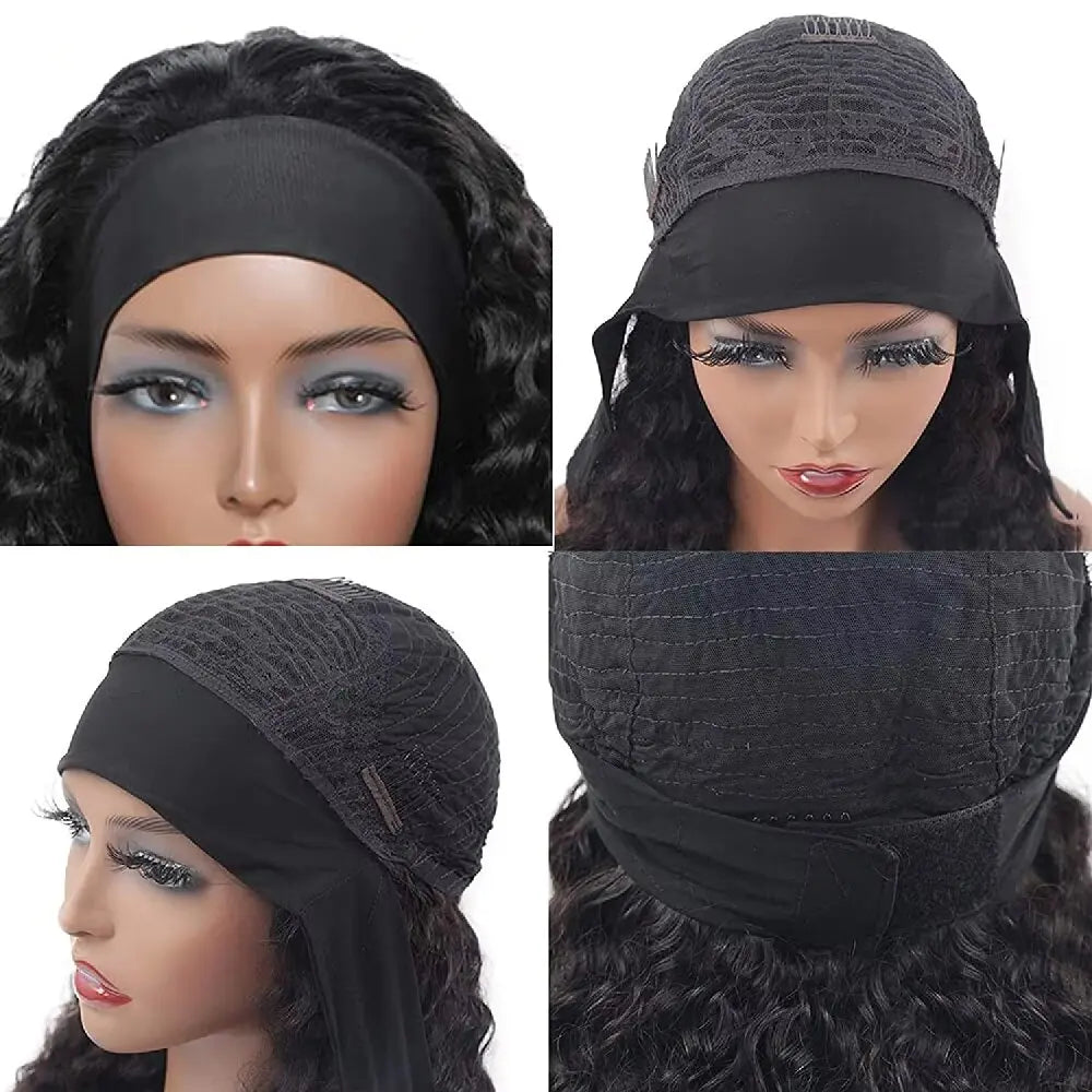 QZOQZO Deep Wave Headband Wig Human Hair Remy Brazilian