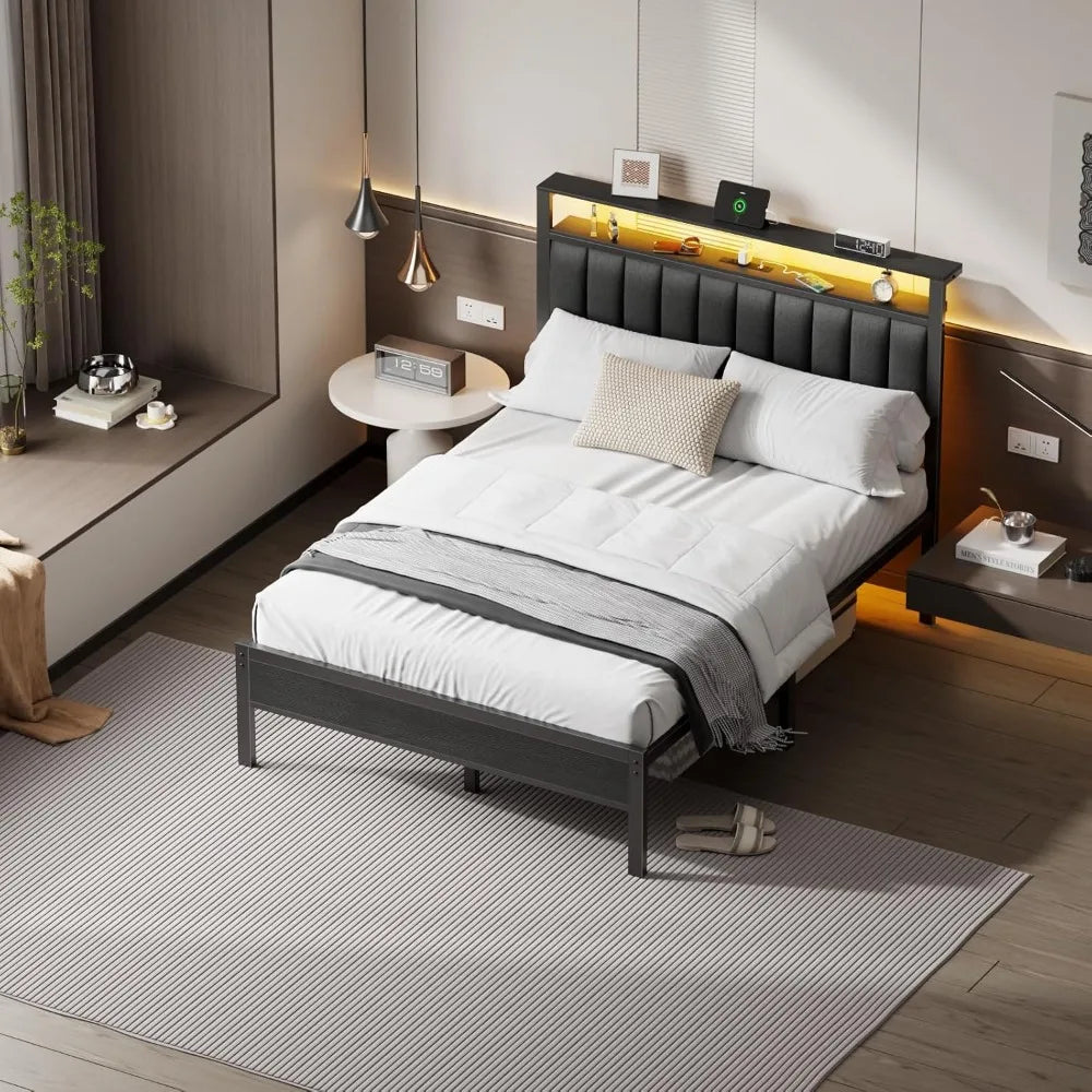 Bed Frame With Charging Station And LED Lights Platform Bed