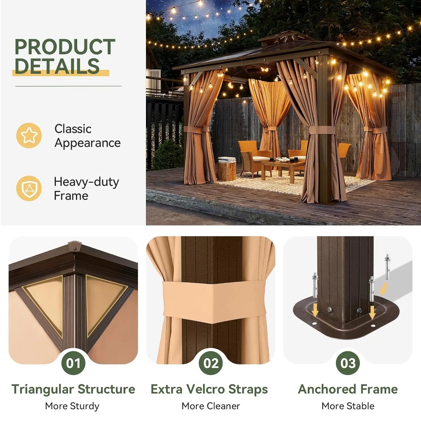Outdoor Aluminum Gazebo With Polycarbonate Double Top Canopy And Netting