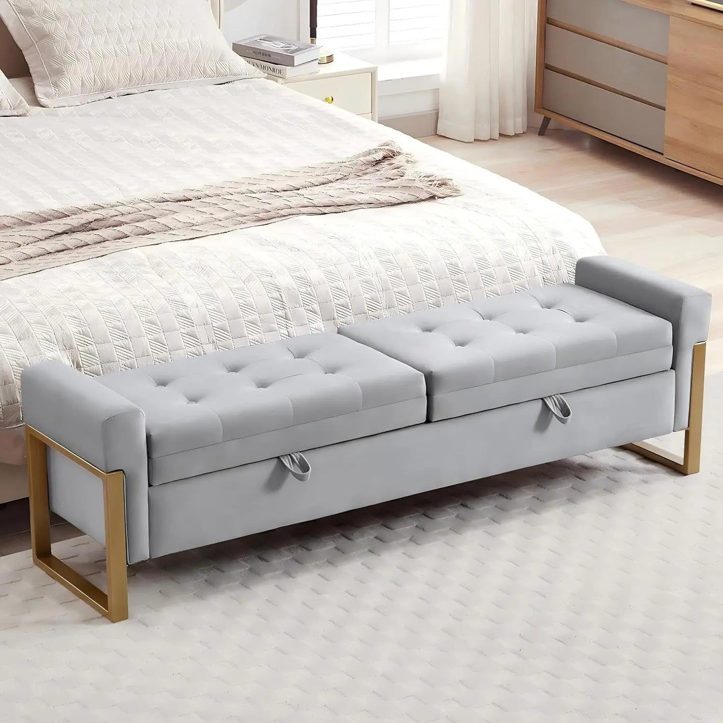 End Of Bed Storage Bench Velvet Upholstery With Metal Legs