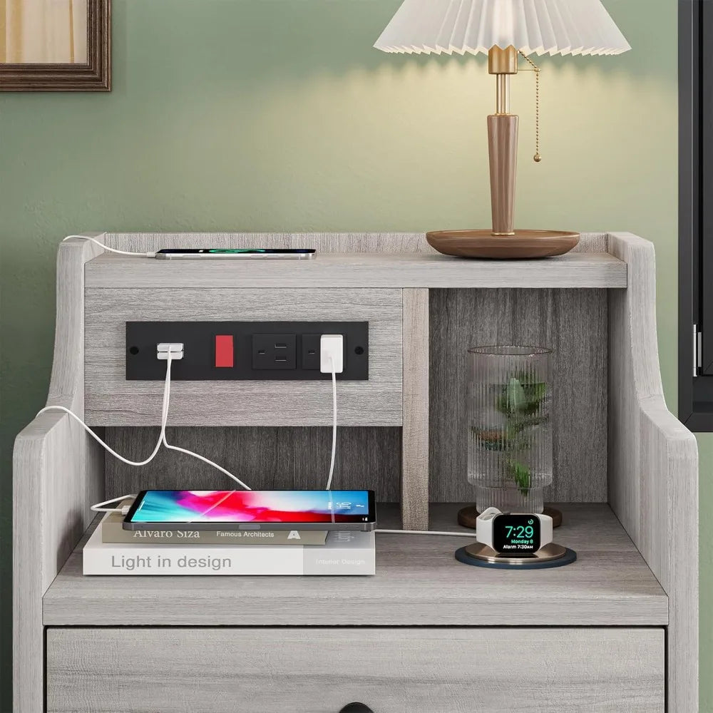Nightstand With Charging Station And Hutch Storage Drawers