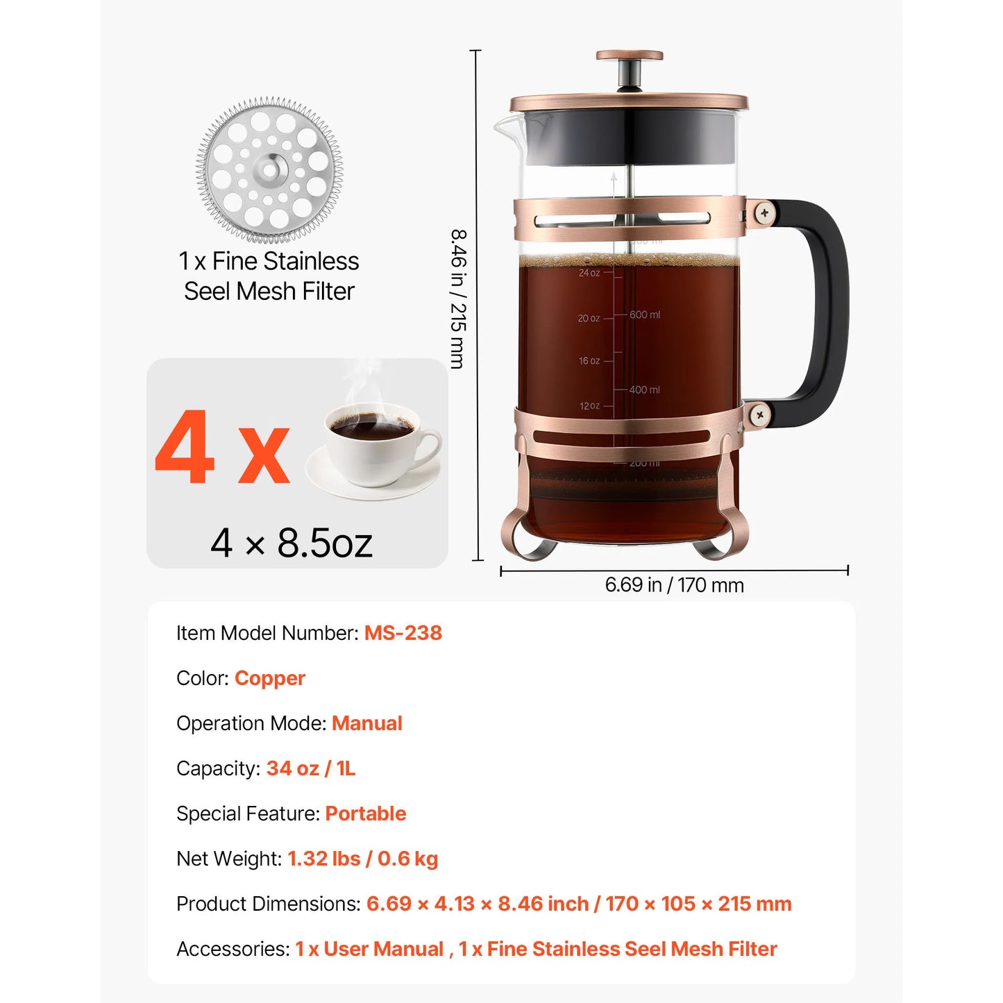 SucceBuy French Press Coffee Maker With Borosilicate Glass Filter