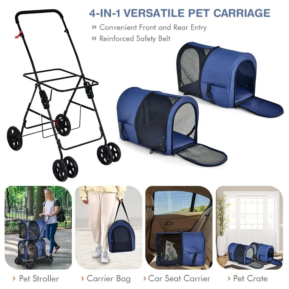 Foldable Double Pet Stroller With Two Removable Carrying Bags