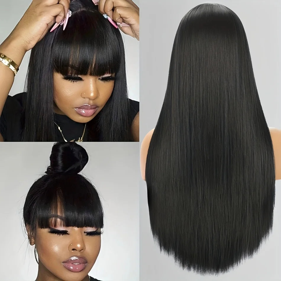 Lowell Bone Straight Brazilian Remy Hair Wig With Bangs Lace