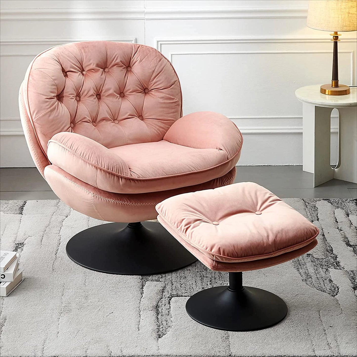 Todrani Velvet Tufted Swivel Armchair Set With Ottoman For Living Room