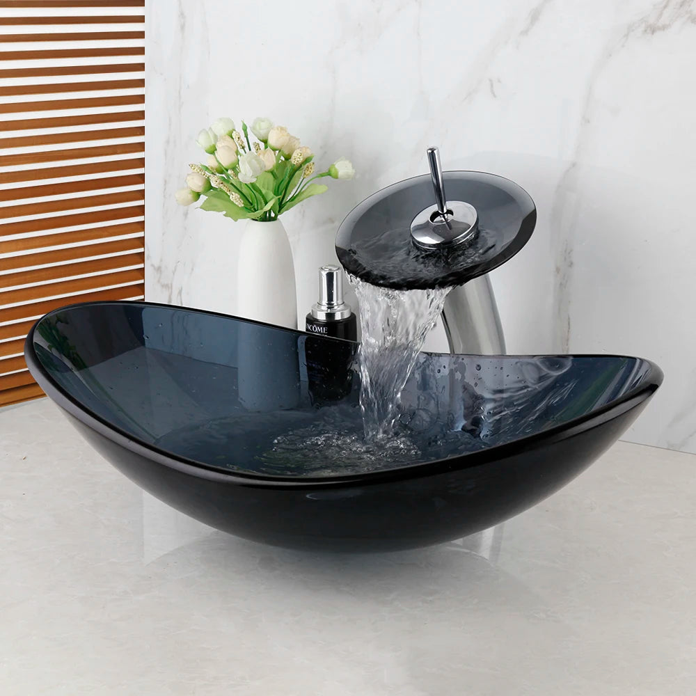 YANKSMART Oval Bathroom Sink Faucet Set With Tempered Glass