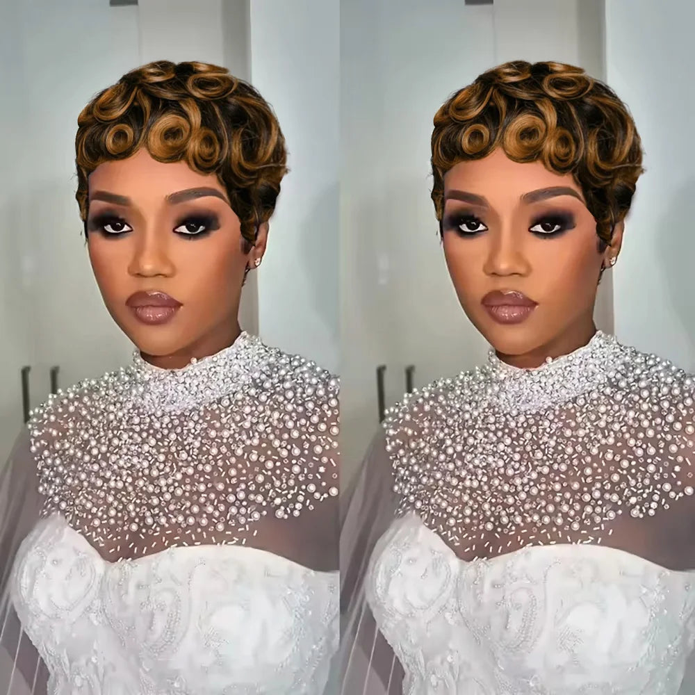 UVEOUS Women's Pixie Cut Wig Short Layered Curly Bangs