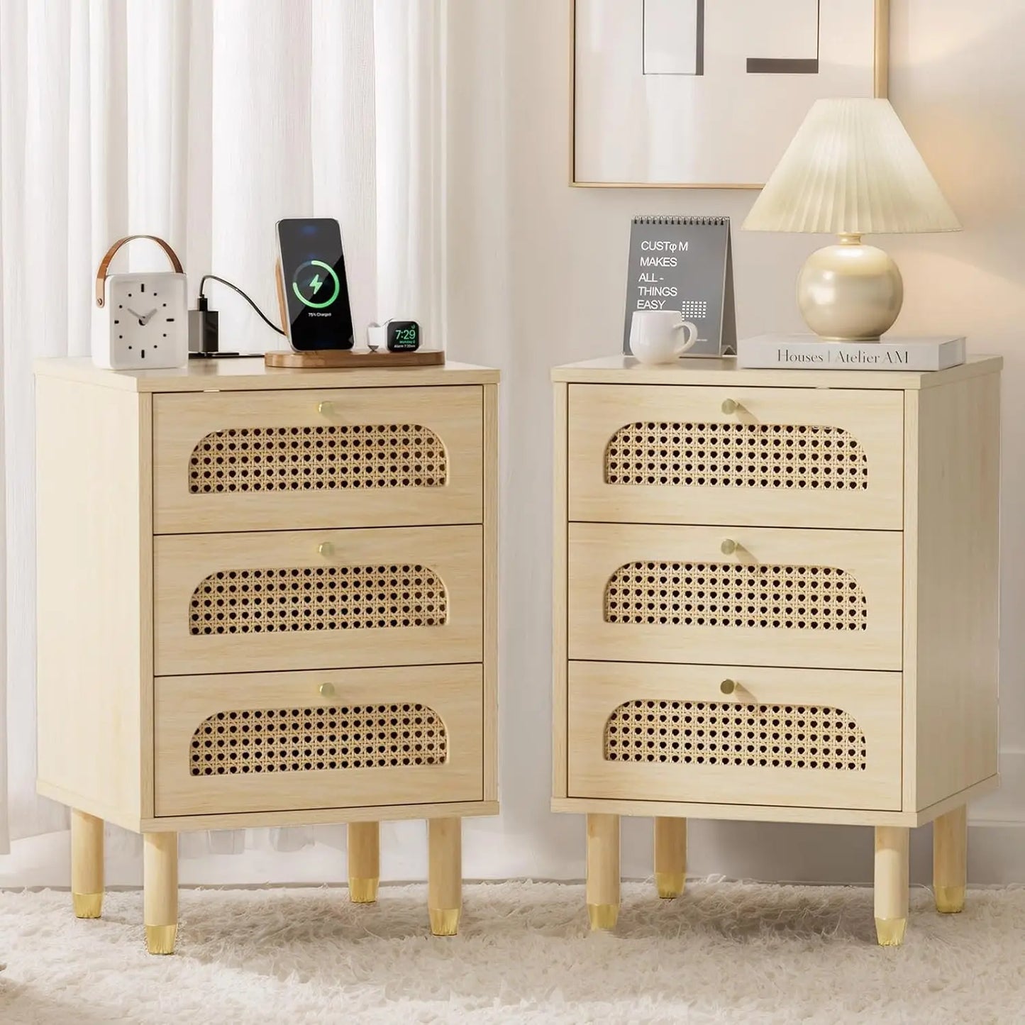 Rattan Nightstand With Charging Station, Set Of 2, 3 Drawer