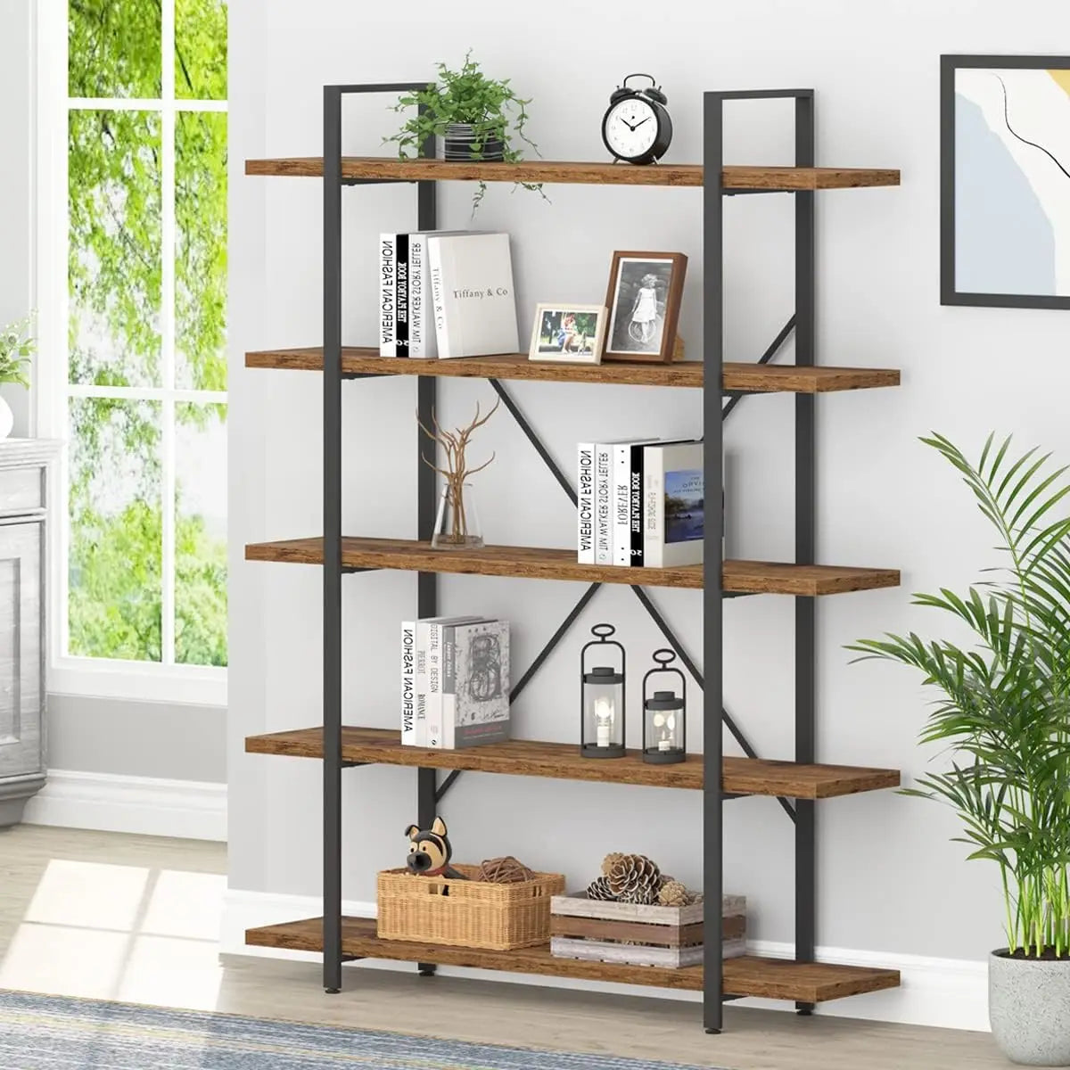 Industrial Modern 5 Tier Bookshelf With Metal Frame And Wood Shelves