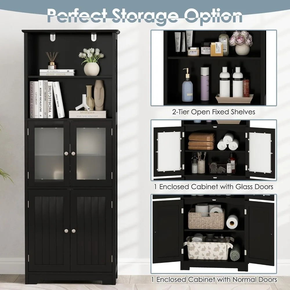 Tall Bathroom Storage Cabinet Freestanding With Glass Doors Shelves