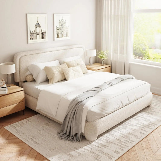 Boucle Upholstered Platform Bed Frame with Adjustable Headboard Rounded Corners