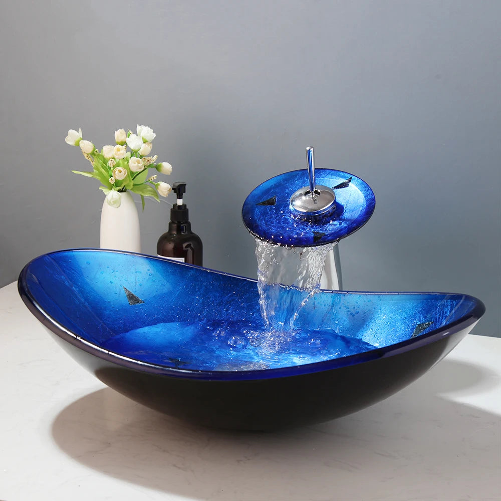 YANKSMART Oval Bathroom Sink Faucet Set With Tempered Glass