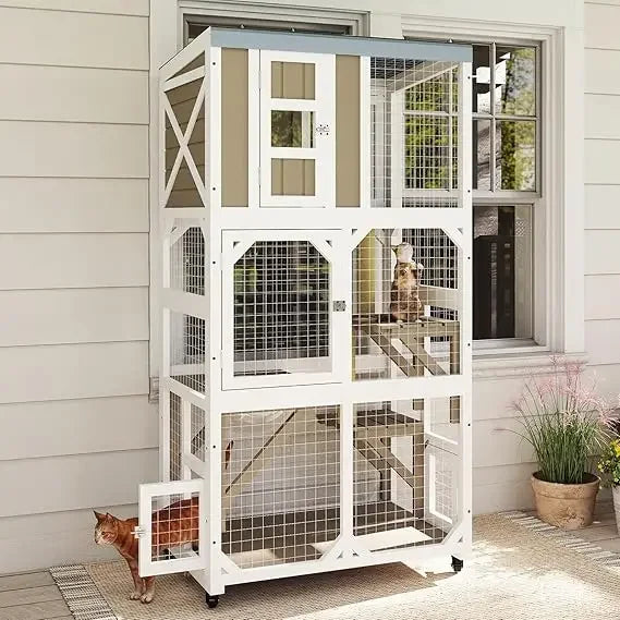 Wooden Catio Outdoor Cat Enclosure With Wheels And Platforms