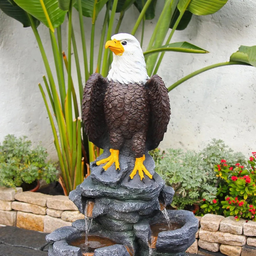 Bald Eagle Outdoor Fountain Statue With Tiered Rock Cascade Resin