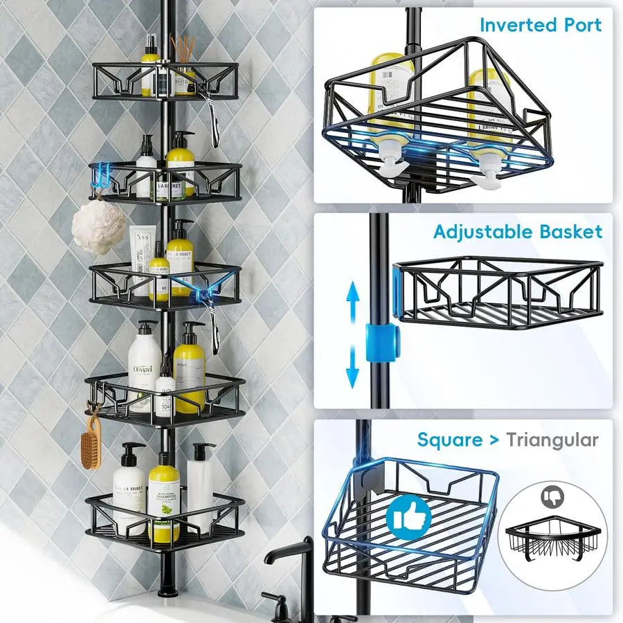 Corner Shower Caddy Organizer With Hooks 5-Tier Tension Pole