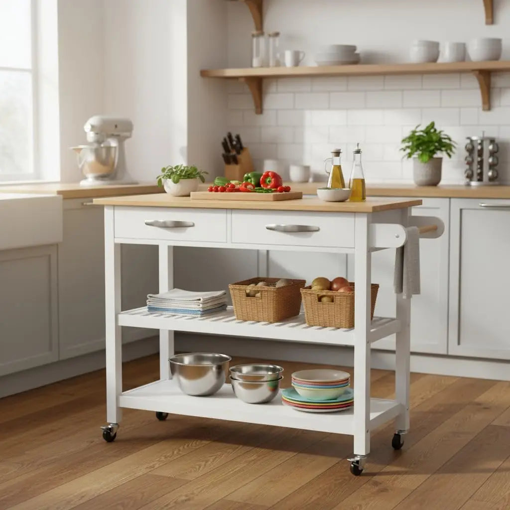 Rolling Kitchen Island Cart With Drawers And Towel Rack