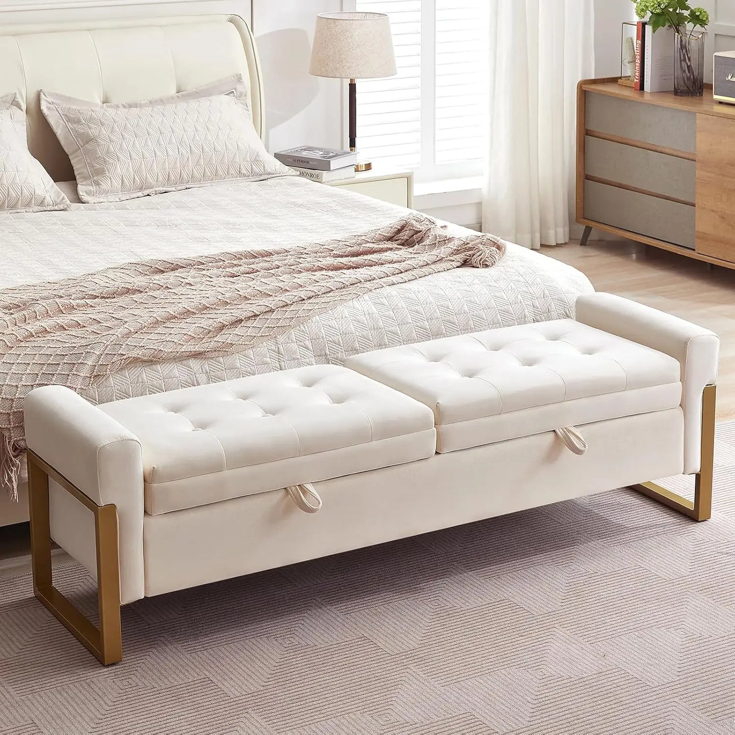 End Of Bed Storage Bench Velvet Upholstery With Metal Legs