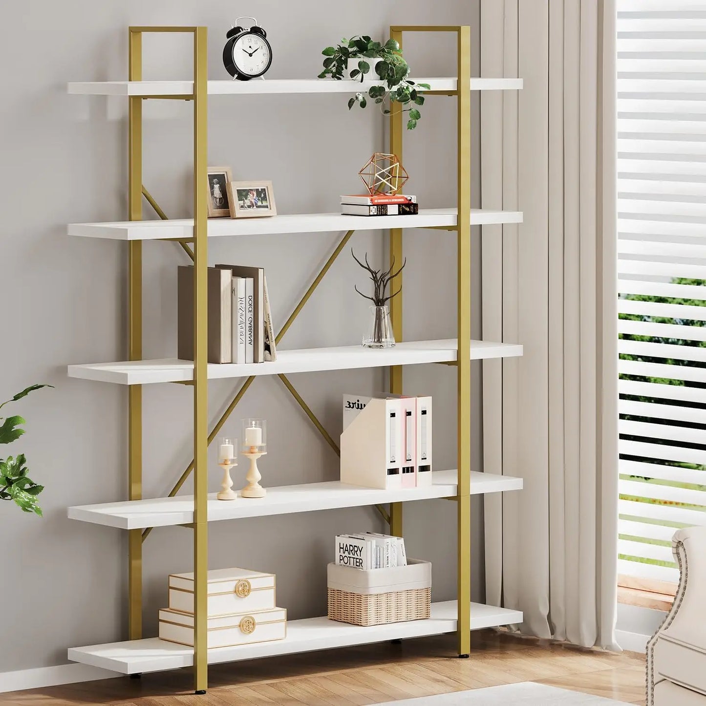 Industrial Modern 5 Tier Bookshelf With Metal Frame And Wood Shelves