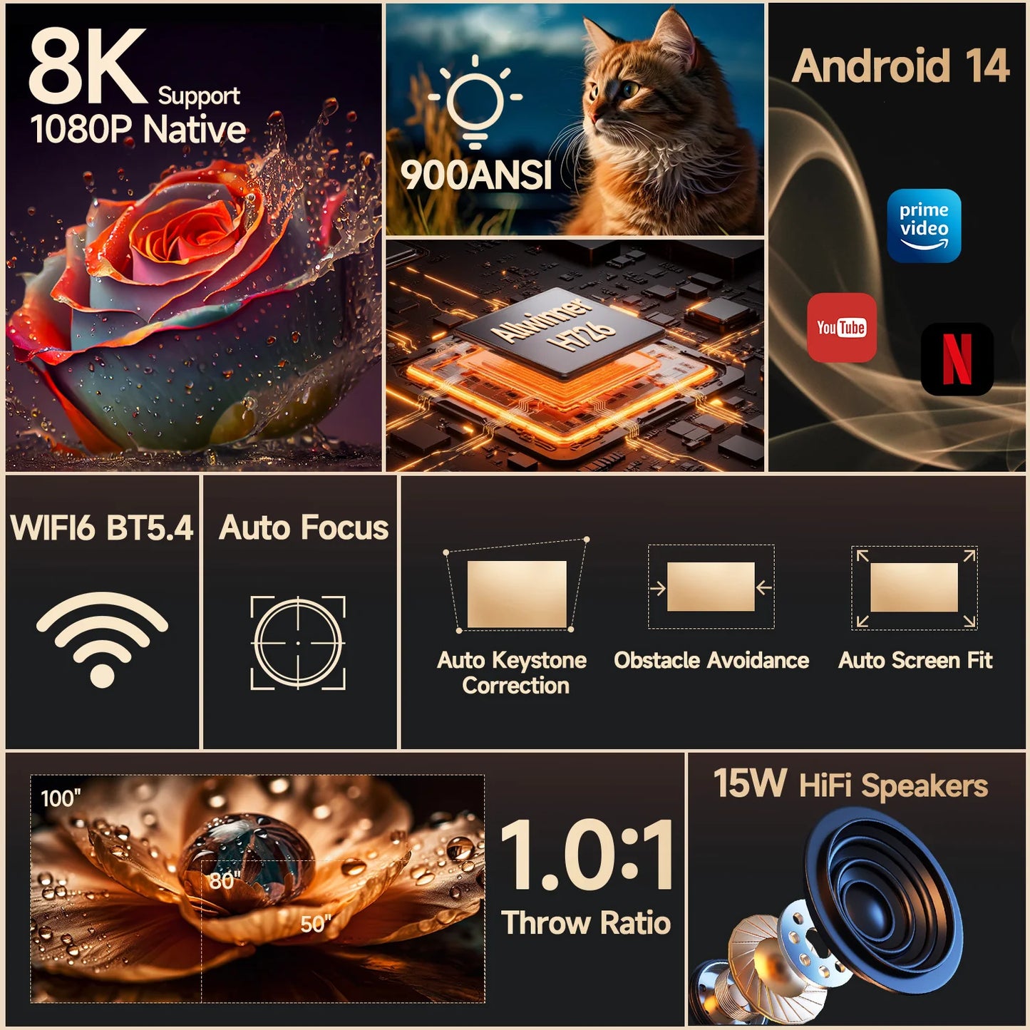 Magcubic Android 14 900 ANSI Projector Auto Focus Native 1080P