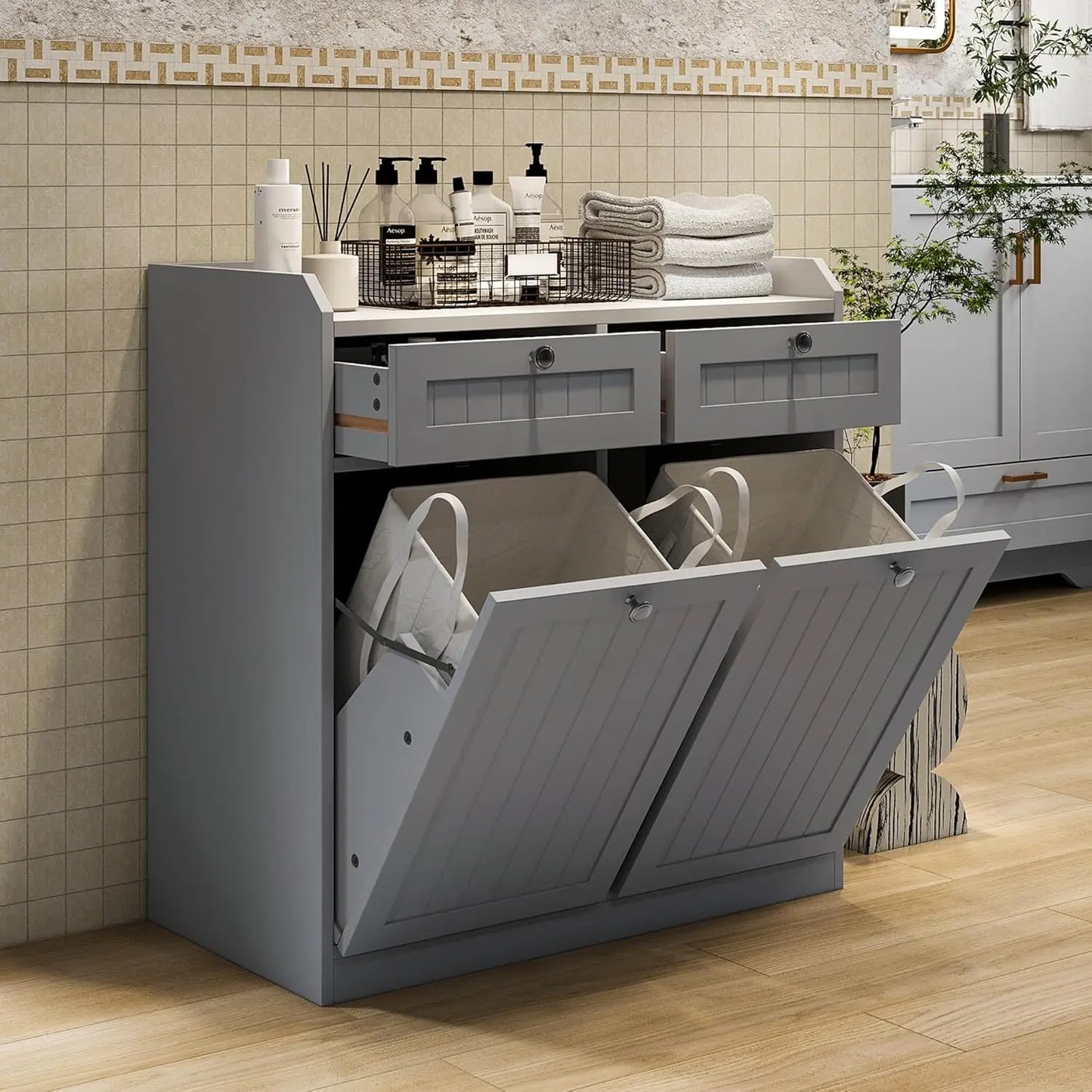 Double Tilt Out Trash Can Cabinet With Drawer Wooden Freestanding Pet Proof