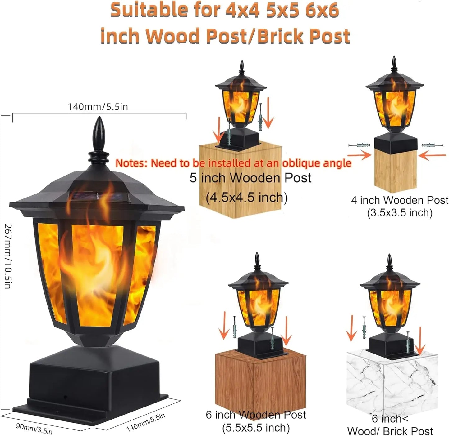 Solar Flame Post Lights Outdoor LED Lanterns, Waterproof, 2 Pack