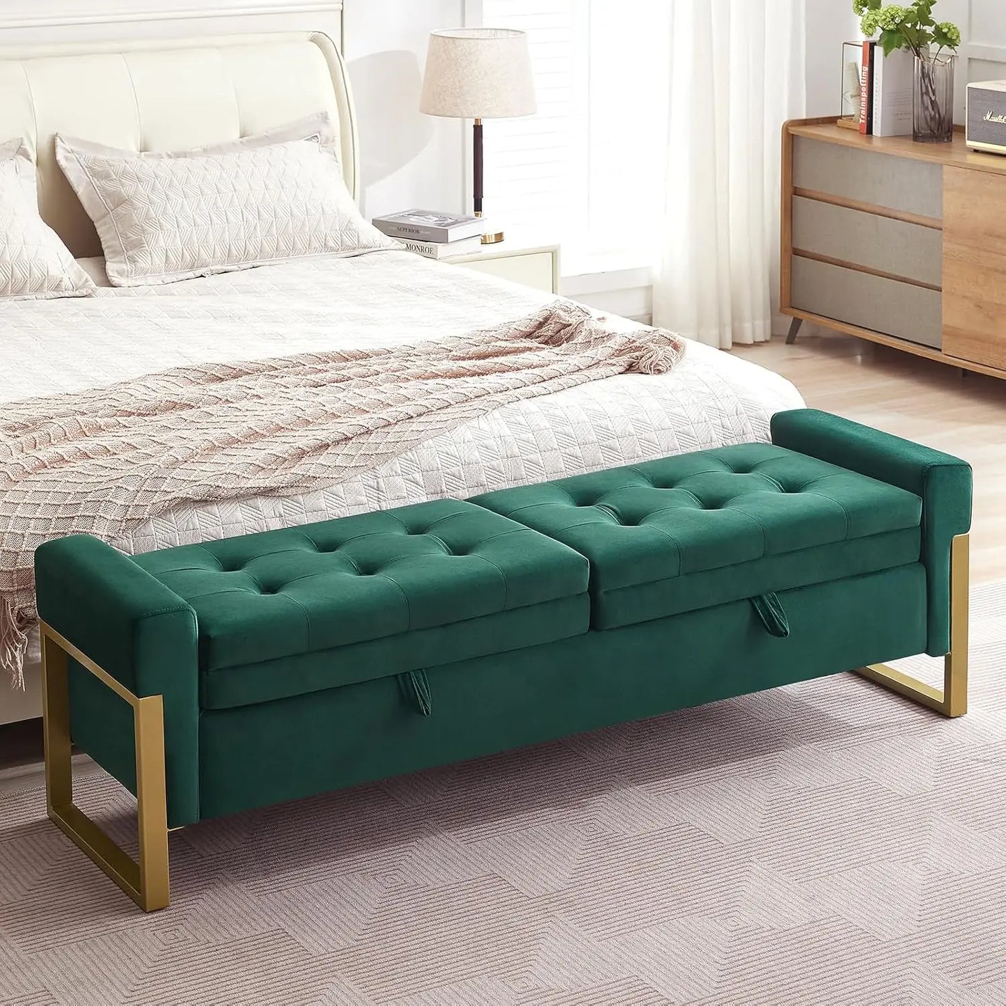 End Of Bed Storage Bench Velvet Upholstery With Metal Legs