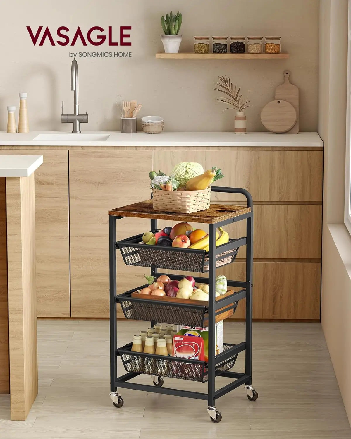 Four-Tier Rolling Kitchen Cart With Pull-Out Baskets And Wheels