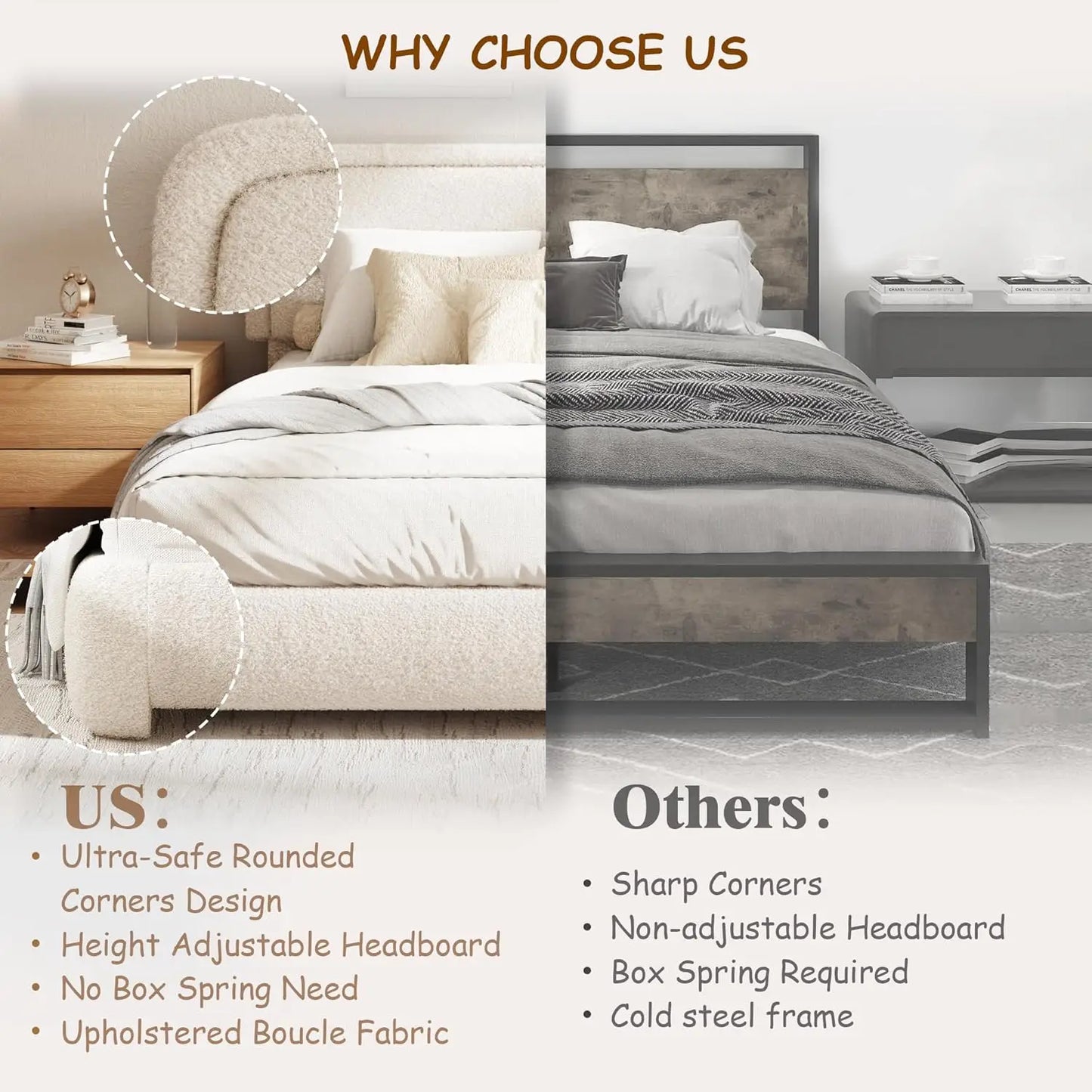 Boucle Upholstered Platform Bed Frame with Adjustable Headboard Rounded Corners