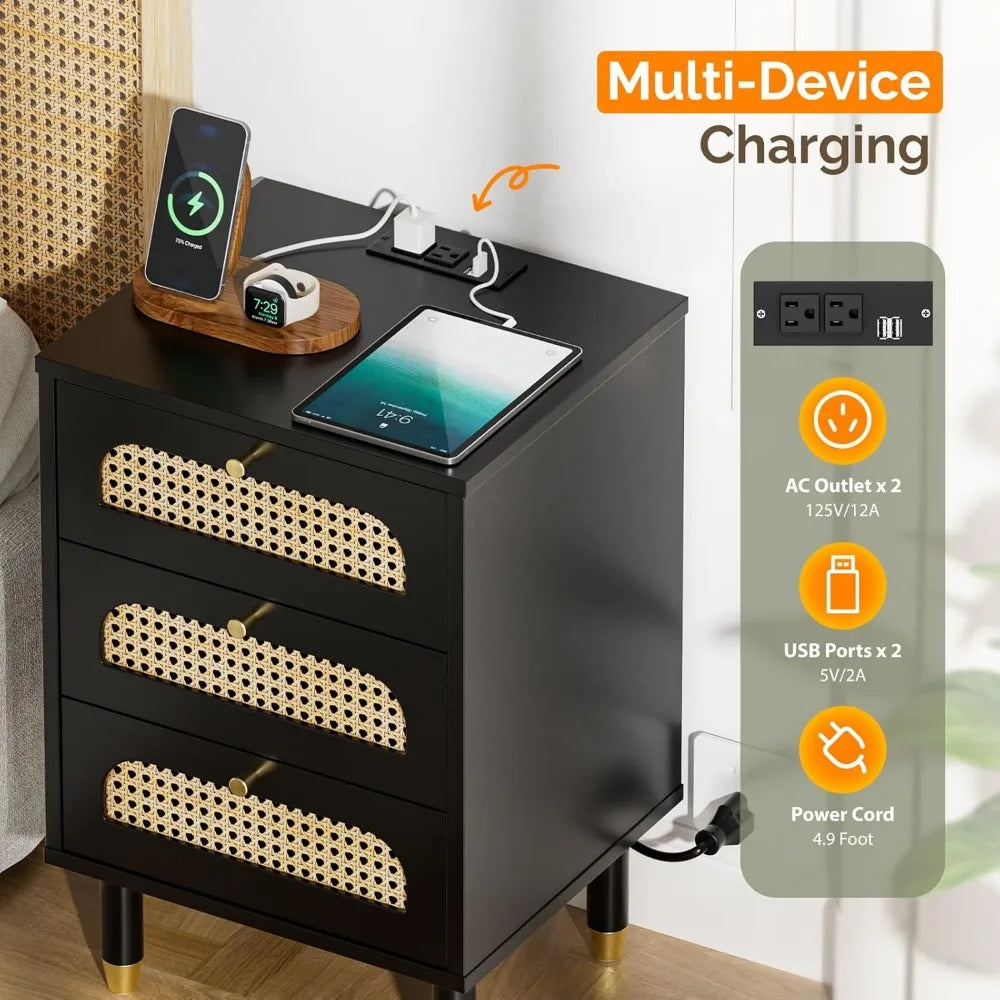 Rattan Nightstand With Charging Station, Set Of 2, 3 Drawer