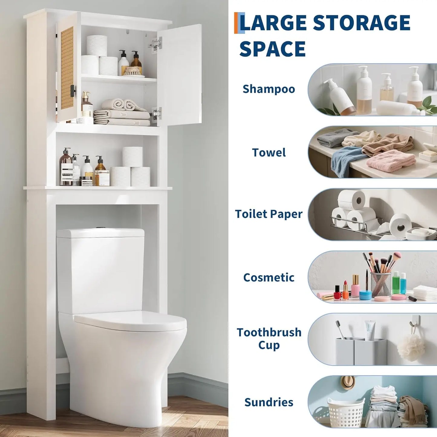 None Farmhouse Over-Toilet Storage Cabinet With Natural Rattan Doors