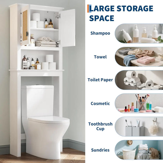 None Farmhouse Over-Toilet Storage Cabinet With Natural Rattan Doors