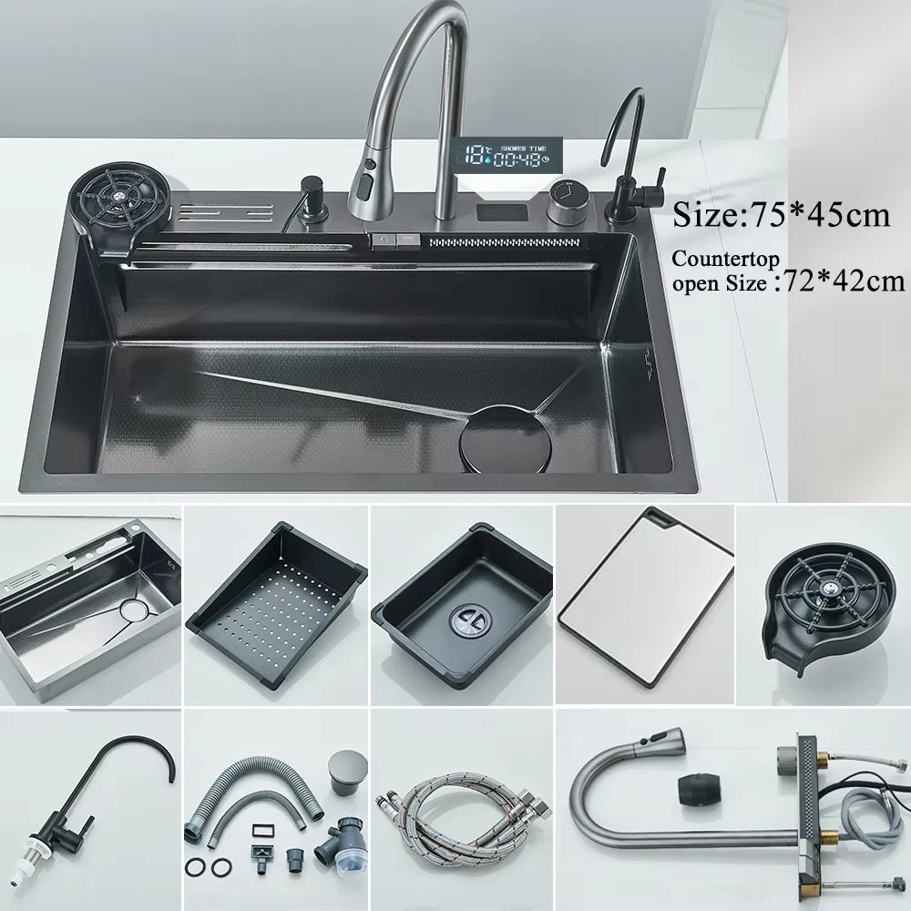 MYQualife 304 Stainless Steel Waterfall Sink Faucet Set With Display