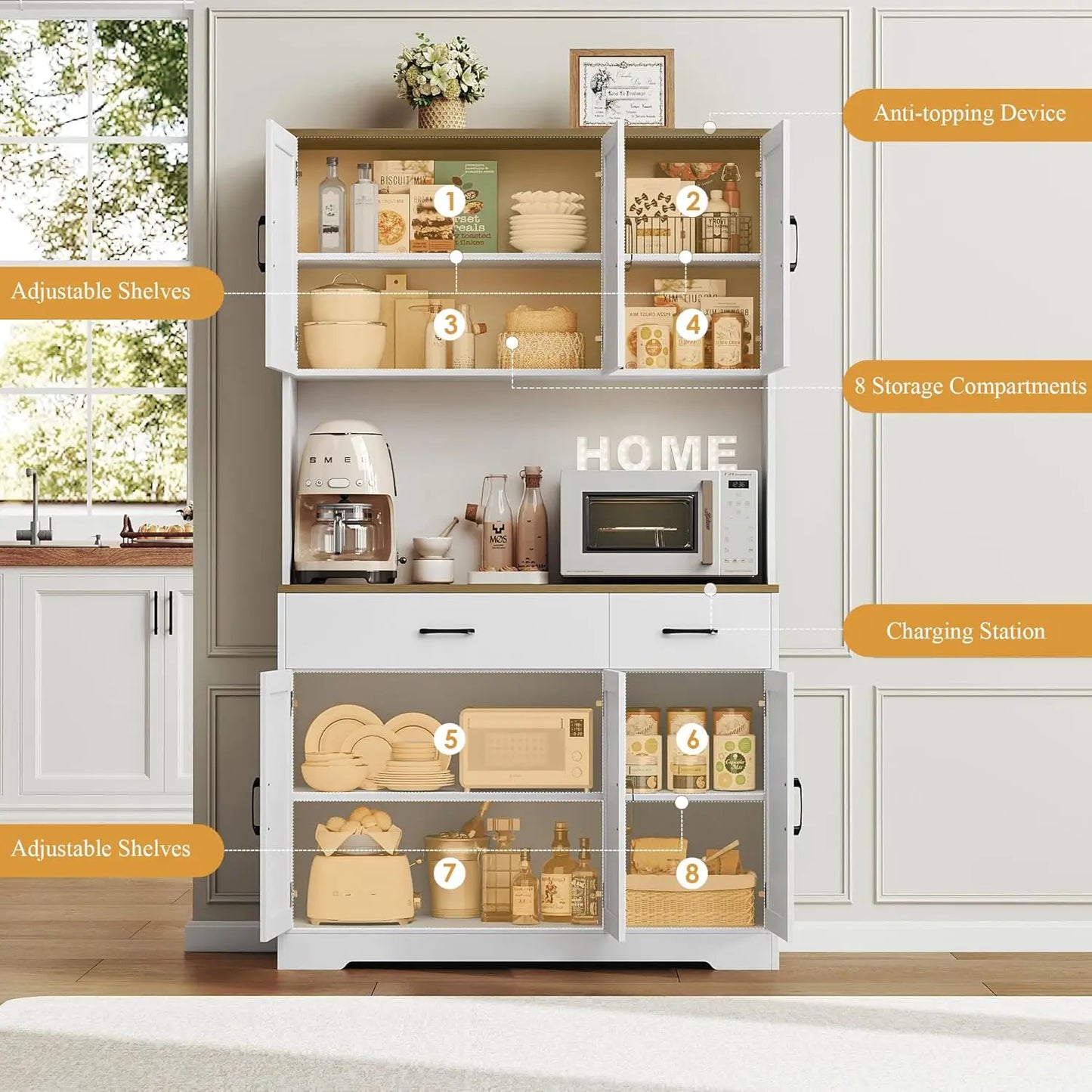 HUANZHUANG Pantry Cabinet With Charging Station Kitchen Storage
