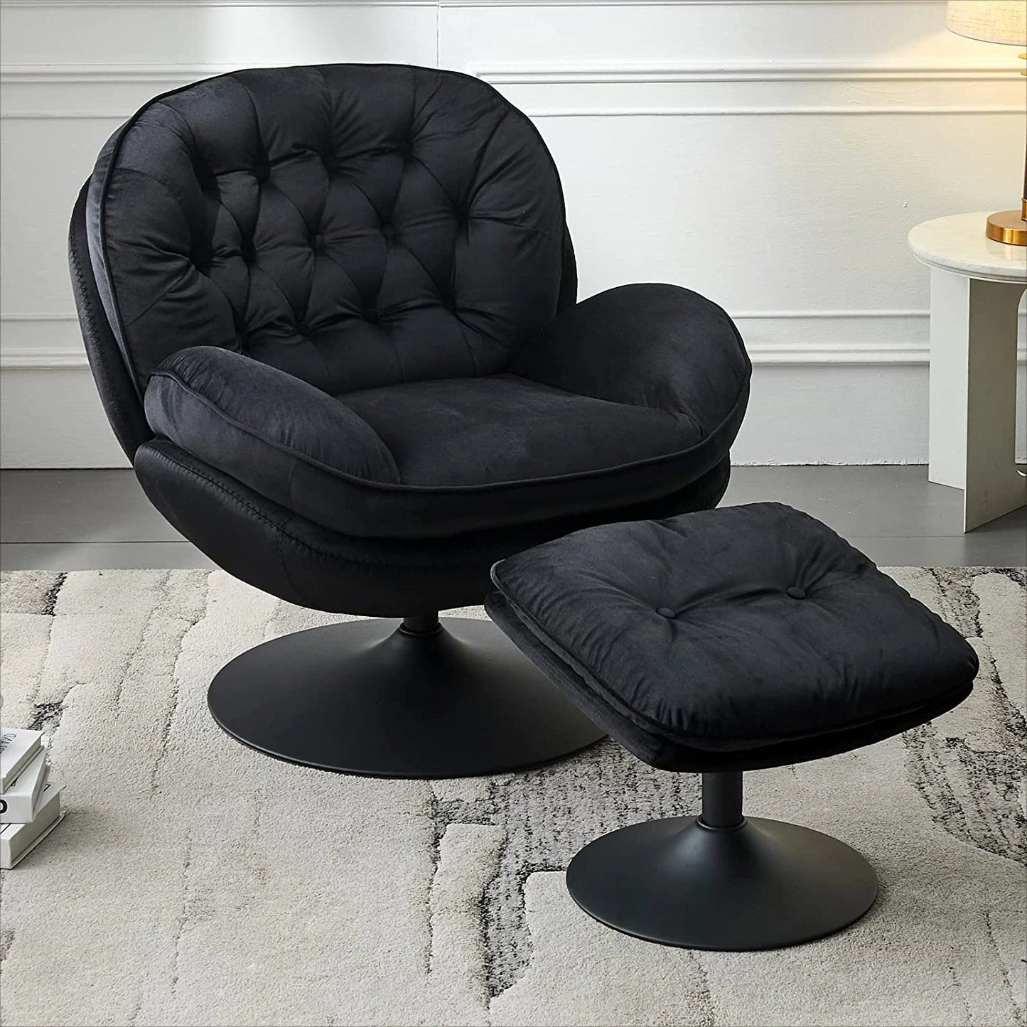 Todrani Velvet Tufted Swivel Armchair Set With Ottoman For Living Room