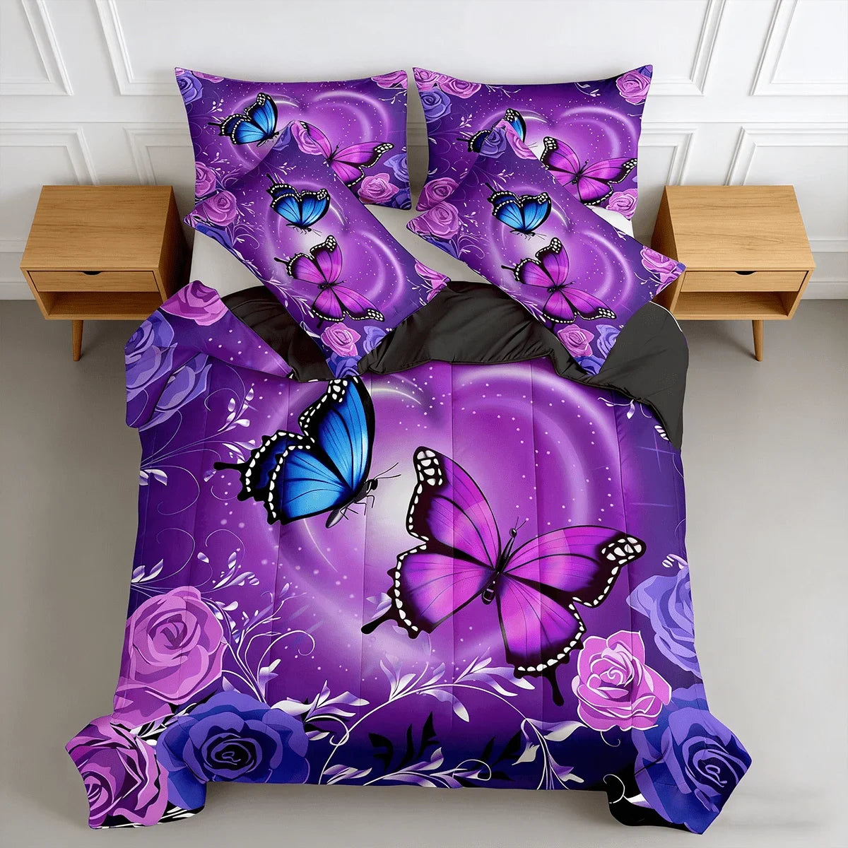 Butterfly Rose Print Bed Comforter Set With Pillowcases