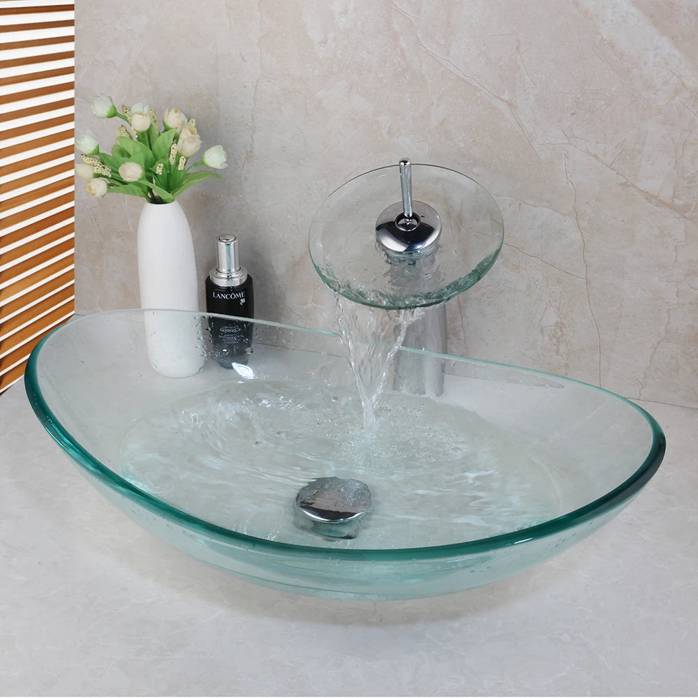 YANKSMART Oval Bathroom Sink Faucet Set With Tempered Glass