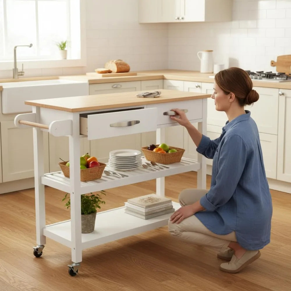 Rolling Kitchen Island Cart With Drawers And Towel Rack