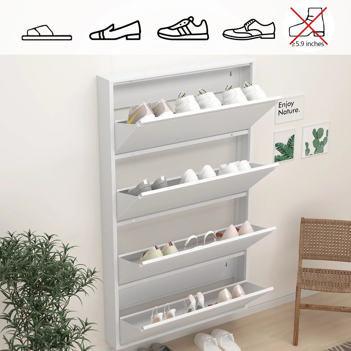 4 Tier Wall Mounted Shoe Cabinet With Flip Drawers Metal Entryway Organizer
