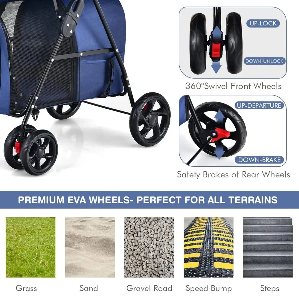 Foldable Double Pet Stroller With Two Removable Carrying Bags