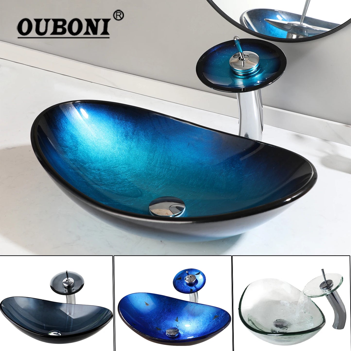 YANKSMART Oval Bathroom Sink Faucet Set With Tempered Glass