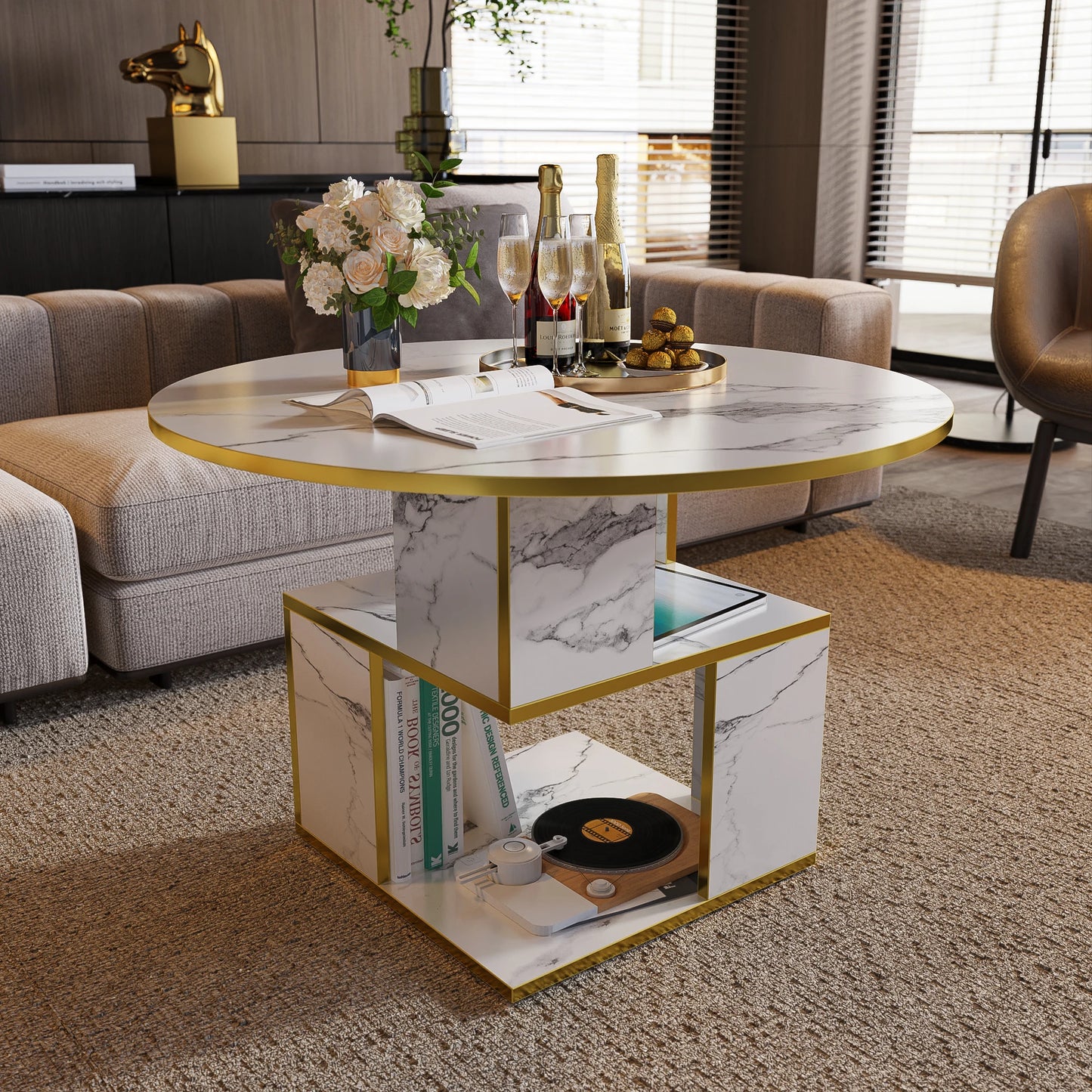 Merronix 3 Tier Round Coffee Table With Storage Marble Top