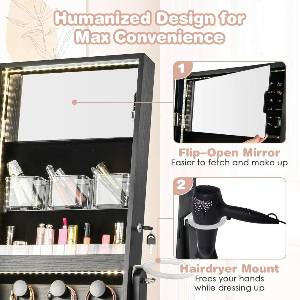 Jewelry Armoire With Full Length Mirror Lockable And LED Lights
